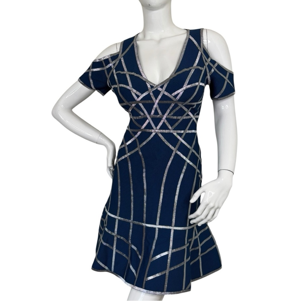 HERVE LEGER VERONIKKA CAGED STRAPPY SEXY RARE COLD-SHOULDER FLUTE DRESS Sz L - Picture 9 of 17